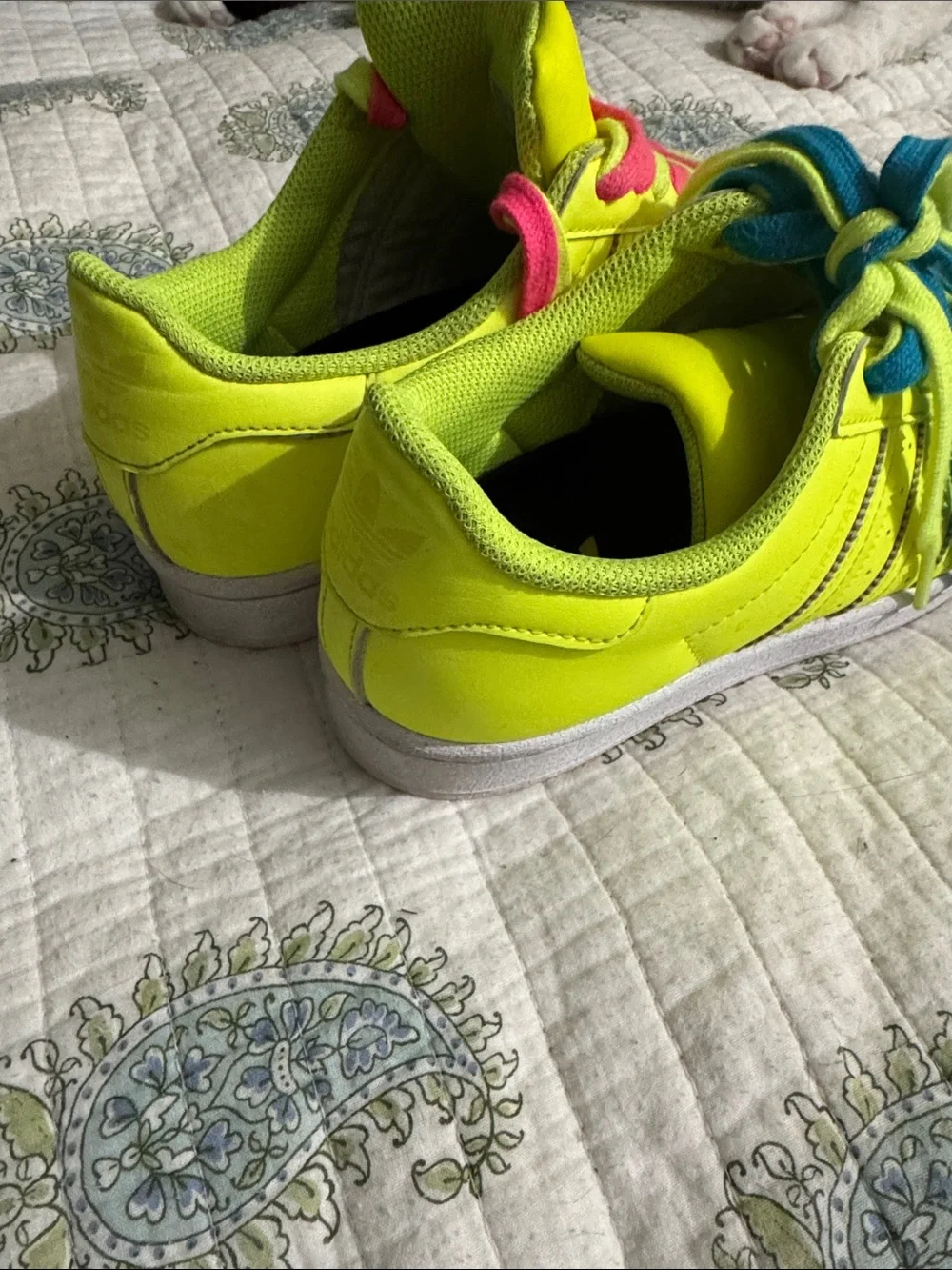 adidas Neon Yellow Sneakers with Pink & Blue Laces